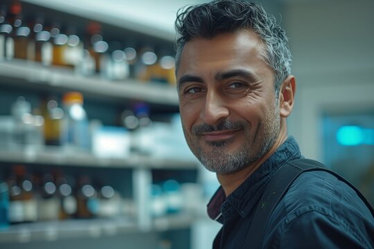 A smiling man in a laboratory surrounded by various bottles, symbolizing joy and professionalism in science.