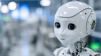 A friendly humanoid robot with a smooth white surface and expressive eyes, set against a blurred tech background.
