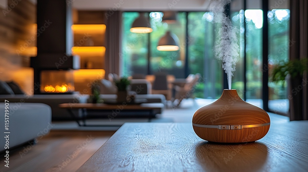Poster A cozy living room setting with a diffuser emitting a calming aroma of cannabis extract placed on a coffee table Stock Photo with side copy space