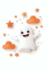 Obraz premium Cute cartoon ghost surrounded by orange stars and clouds, set against a white background. Perfect for Halloween themed designs and playful decorations.