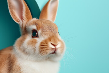 Fototapeta premium Adorable Orange and White Bunny Close-Up Shot Against a Teal Background