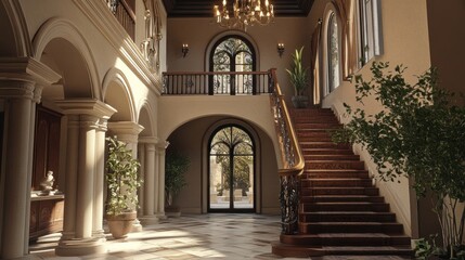 Grand Mansion Interior: Sunlight Streaming Through Archways