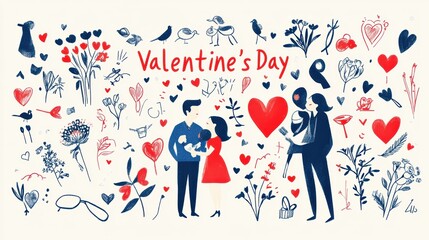 Colorful Valentine's Day Drawing of Family with Hearts and Floral Motifs, illustration art