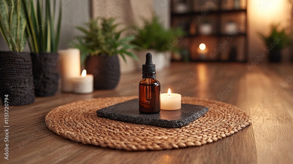 Poster a soothing aromatherapy setup with cannabis-infused essential oils displayed on a natural stone tray
