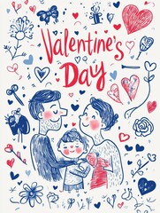 Colorful Valentine's Day Drawing of Family with Hearts and Floral Motifs, illustration art