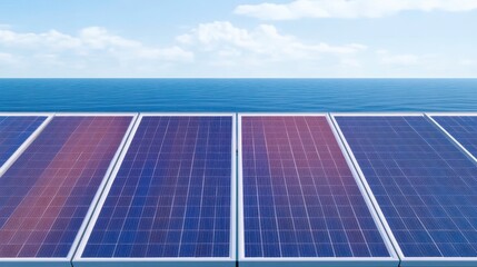A panoramic view of solar panels installed by the ocean, showcasing renewable energy and a clear blue sky.