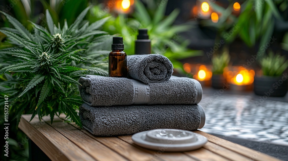 Poster an inviting spa lounge featuring a towel set and cannabis relaxation oils on a wooden counter stock 