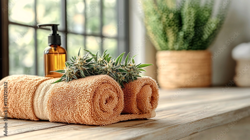 Poster an inviting spa lounge featuring a towel set and cannabis relaxation oils on a wooden counter stock 