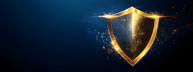 Fototapeta premium Golden metal shield with a mesh texture on a dark blue background, vector illustration, flat design