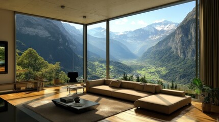 Fototapeta premium Mountain View Living Room: Secluded Alpine Haven