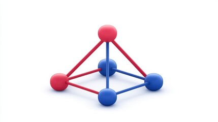 A colorful 3D model of a tetrahedron with red and blue spheres as vertices and connections, representing geometric concepts.