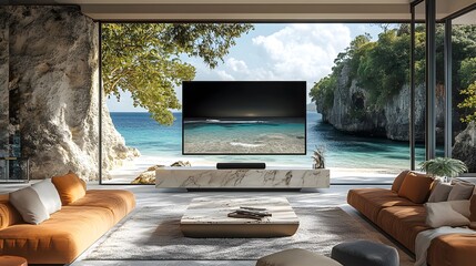 A sleek, modern living room features a 3D TV with Landscape View showcasing a serene beach scene, evoking relaxation and tranquility.