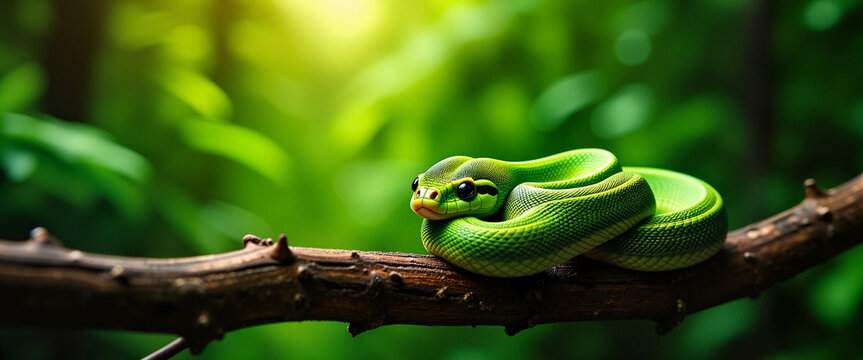 Vibrant green tree python coiled on branch - perfect for wildlife blogs, nature websites, Australian animal education, and conservation presentations