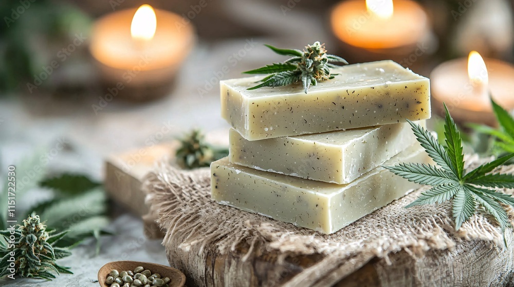 Poster a luxury soap bar containing cannabis extract presented with a clean minimalist packaging design on 