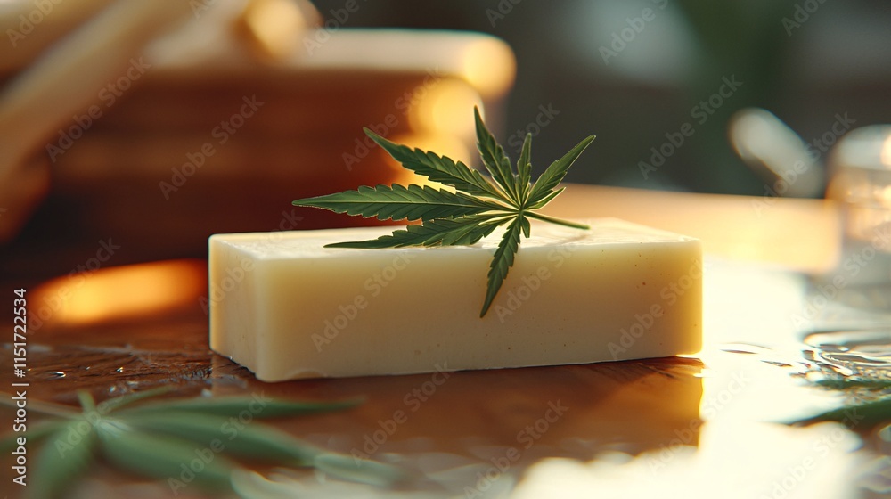 Poster a luxury soap bar containing cannabis extract presented with a clean minimalist packaging design on 