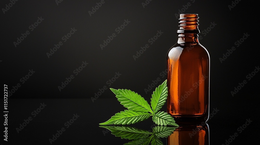 Poster a premium cannabis tincture bottle displayed on a reflective black surface with soft spotlight effec