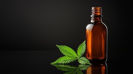 A premium cannabis tincture bottle displayed on a reflective black surface with soft spotlight effects to highlight its sleek design Stock Photo with side copy space