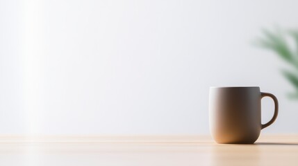 A minimalist scene featuring a simple brown mug on a wooden table, with a light background and a hint of greenery.