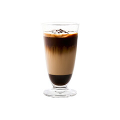 Iced mocha in a clear glass cup with layers of chocolate sauce chilled espresso and