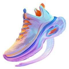 A futuristic running shoe with a white, purple, and orange color scheme, designed for women's sports activities in the year 2035.