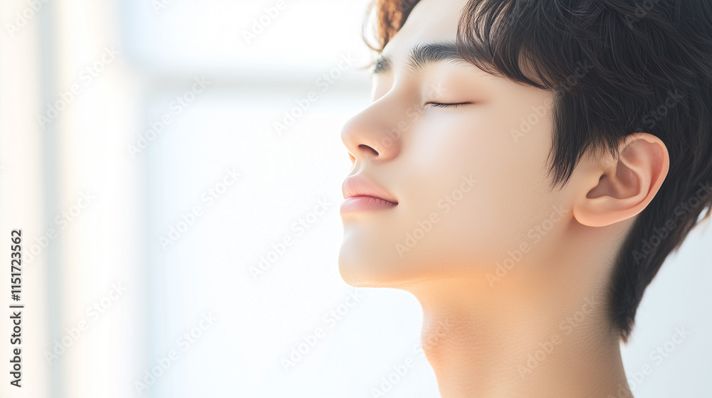 Poster 若くて爽やかなアジア人男性モデルの横顔に日差しが当たって輝いている。美容と健康のイメージポートレート。