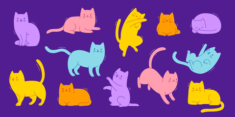 Set of colorful cats silhouette. Bright vector kittens poses collection. Cute cartoon cats bundle.