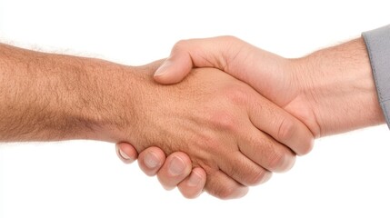 Two hands engaged in a handshake, symbolizing agreement, partnership, or a friendly greeting against a plain background.