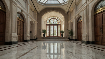 grand entrance hall featuring elegant marble flooring, large windows, and lush plants creates luxurious atmosphere. natural light enhances beauty of space