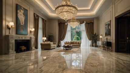 spacious living room with marble flooring, elegant chandeliers, and large windows. luxurious decor features artwork and comfortable seating, creating warm atmosphere