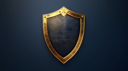 Golden metal shield with a mesh texture on a dark blue background, vector illustration, flat design
