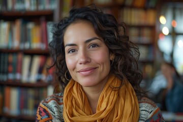 A smiling woman with curly hair sitting in a library, exuding warmth and confidence in a cozy environment.