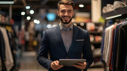 Fototapeta premium Confident young salesman standing in showroom holding a tablet