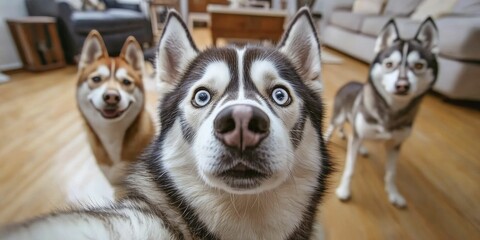 Majestic Husky Gazing Up with Bright Eyes and Fluffy Fur