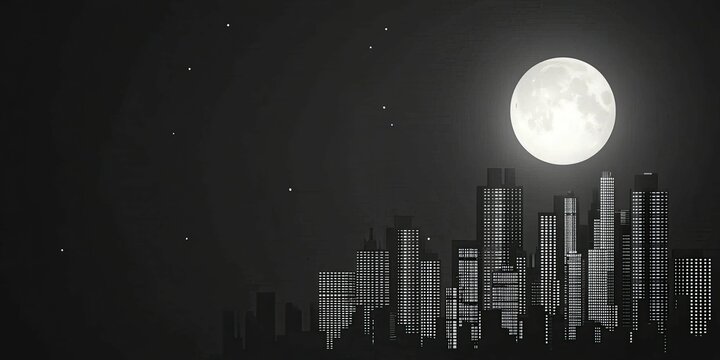 Glowing city under moonlit sky, urban tranquility in the night.
