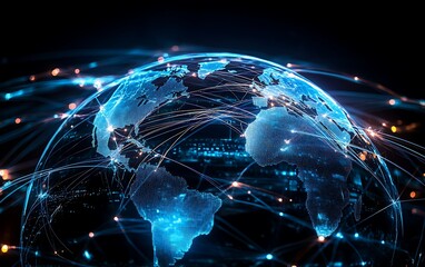 Fototapeta premium Global network connection, digital earth, glowing lines, worldwide communication.