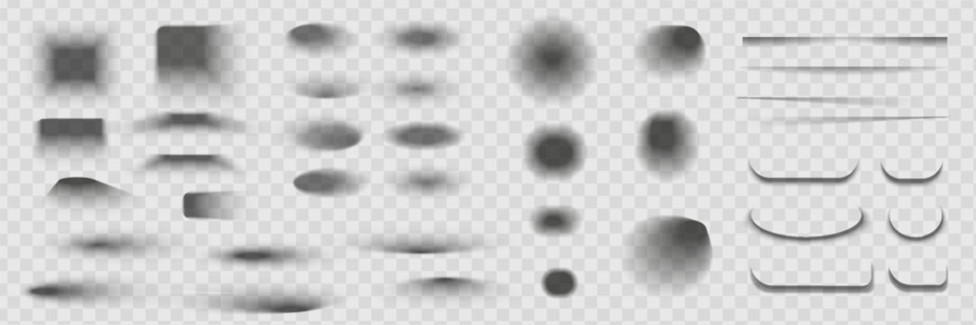 Square and rectangle box shadow effects. Realistic overlay and transparent shadows vector set, shades falling from objects on floor with soft black edges and dark corners, transparent background