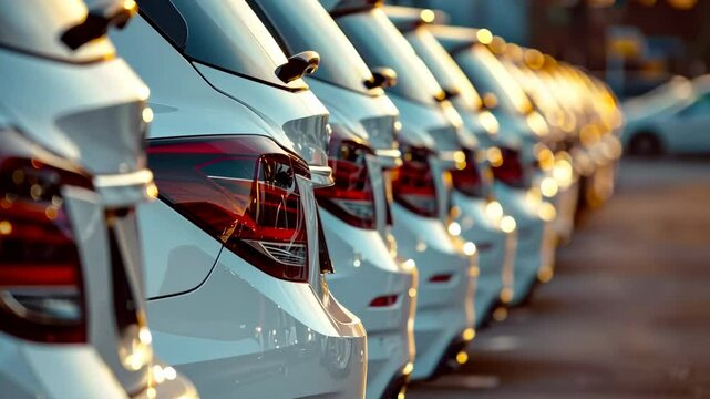 Dealer New Cars Stock. Cars For Sale Lot. Rear view of new luxury white car parked in a row. Selective focus on white shiny car. Car dealership concept. Automotive industry sanction crisis concept.