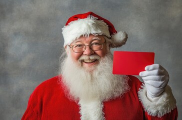 Naklejka premium a happy Santa Claus holding a red card in front of a gray background.