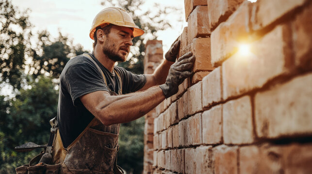 Skilled bricklayer carefully constructing a new wall at sunrise