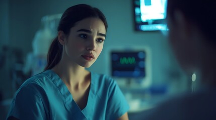 A nurse in scrubs taking a patient’s vitals in a hospital room, with medical equipment and soft lighting in the background.