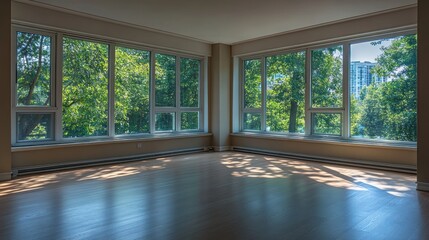Spacious Room with Expansive Windows Overlooking Lush Greenery and City Skyline
