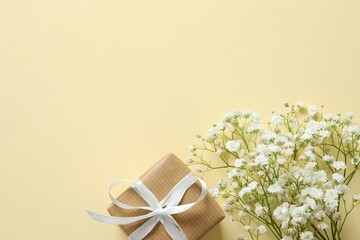 Top view photo with gift box and gypsophila flowers on color background 