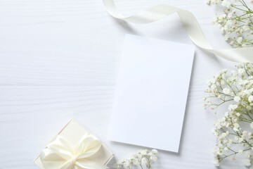 Top view photo with paper card, gift box and gypsophila flowers on white background 