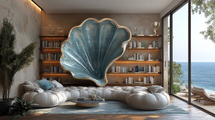 Luxurious living room with ocean view, featuring a large shell-shaped sculpture above a comfortable sectional sofa and built-in bookshelves.