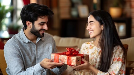 A couple exchanging heartfelt gifts in a beautifully decorated living room