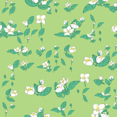 A vibrant seamless pattern featuring trillium flowers and green leaves against a lush green background.