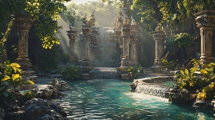 Ancient Ruins Waterfall Serene Tropical Garden Oasis