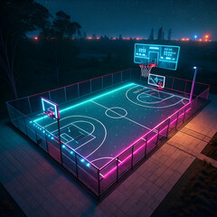 Fototapeta premium A glowing neon basketball court with futuristic design elements, perfect for gaming, digital art, and modern sports concepts