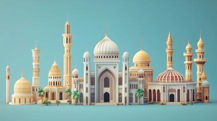 Obraz premium stylized digital illustration showcases a collection of iconic Islamic architectural structures including mosques minarets and domes set against a muted blue background