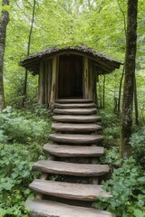 Rustic wooden cabin nestled deep within the serene woods by a tranquil lake, surrounded by towering trees and peaceful nature.